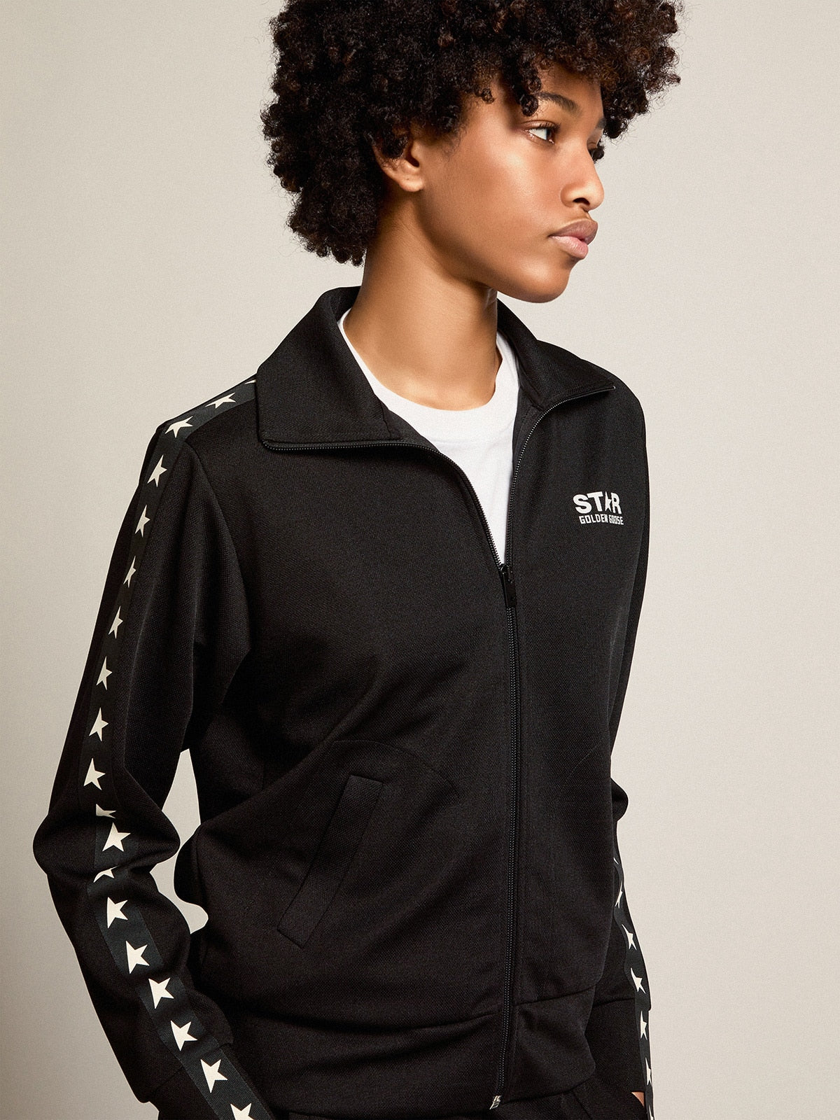 Women's black zipped sweatshirt with white stars| Golden Goose