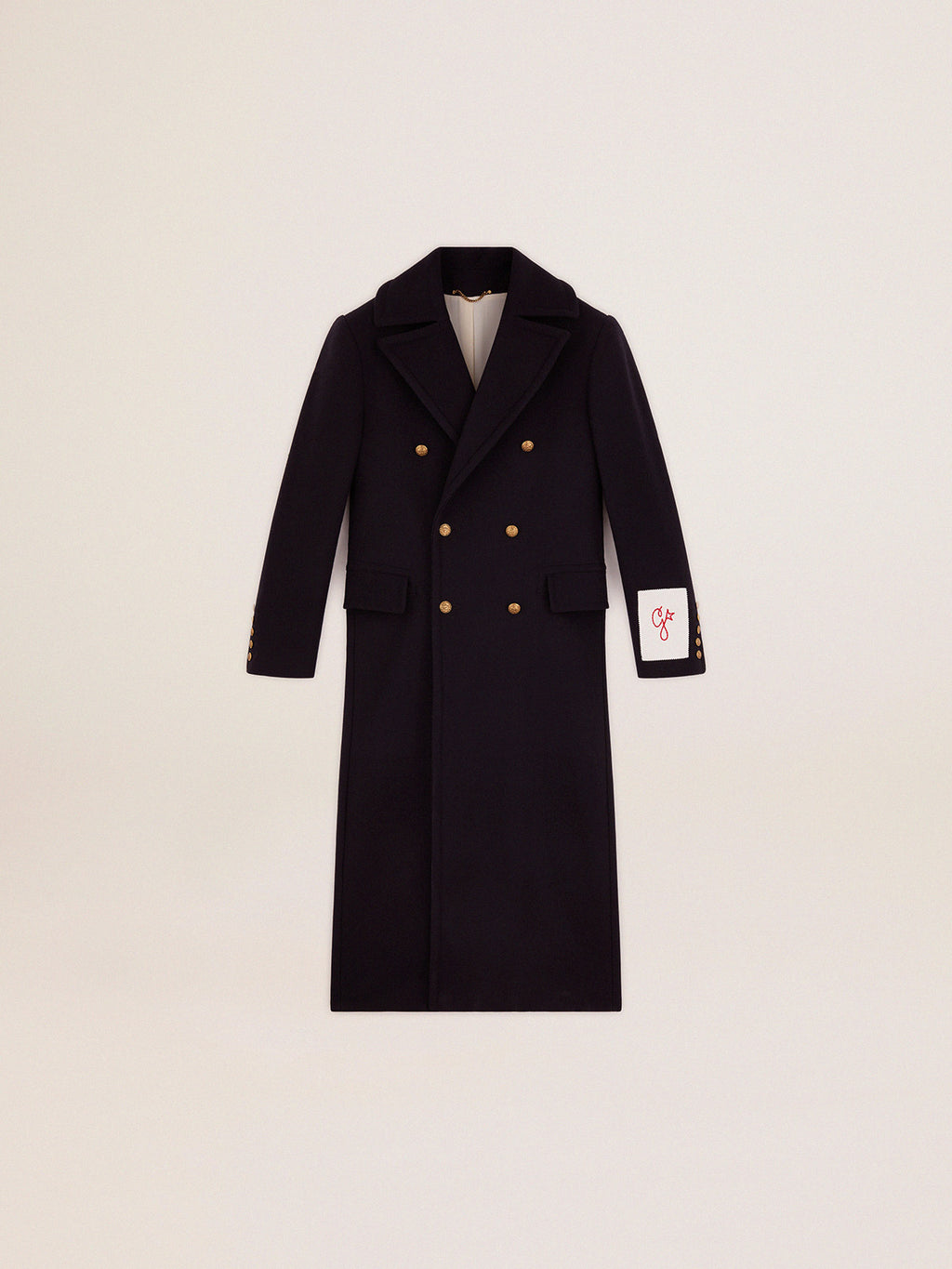 Men's double-breasted coat in blue wool with gold buttons| Golden Goose