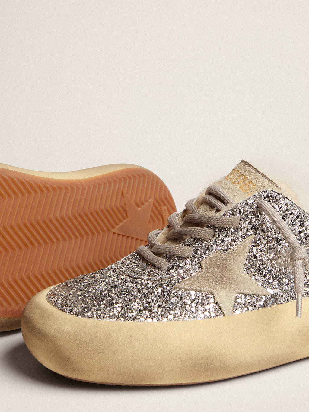 Women's Space-Star Sabot in silver glitter and shearling lining| Golden Goose