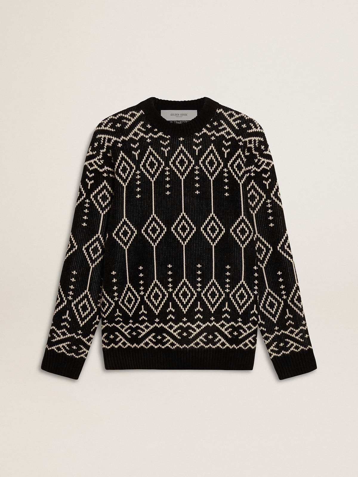 Men's crew neck wool blend sweater with jacquard argyle design| Golden Goose