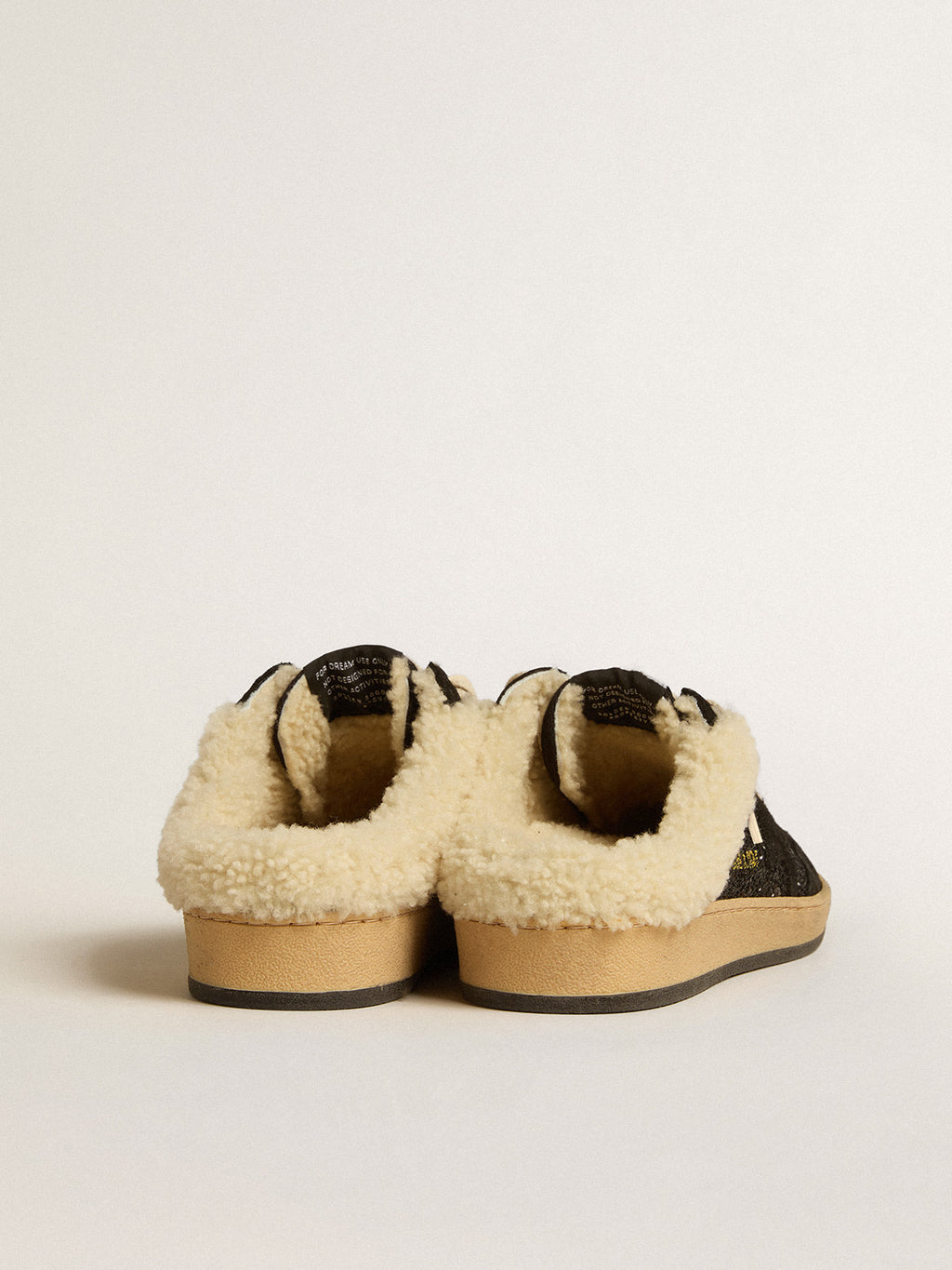 Ball Star Sabots in black glitter with black star and shearling lining| Golden Goose