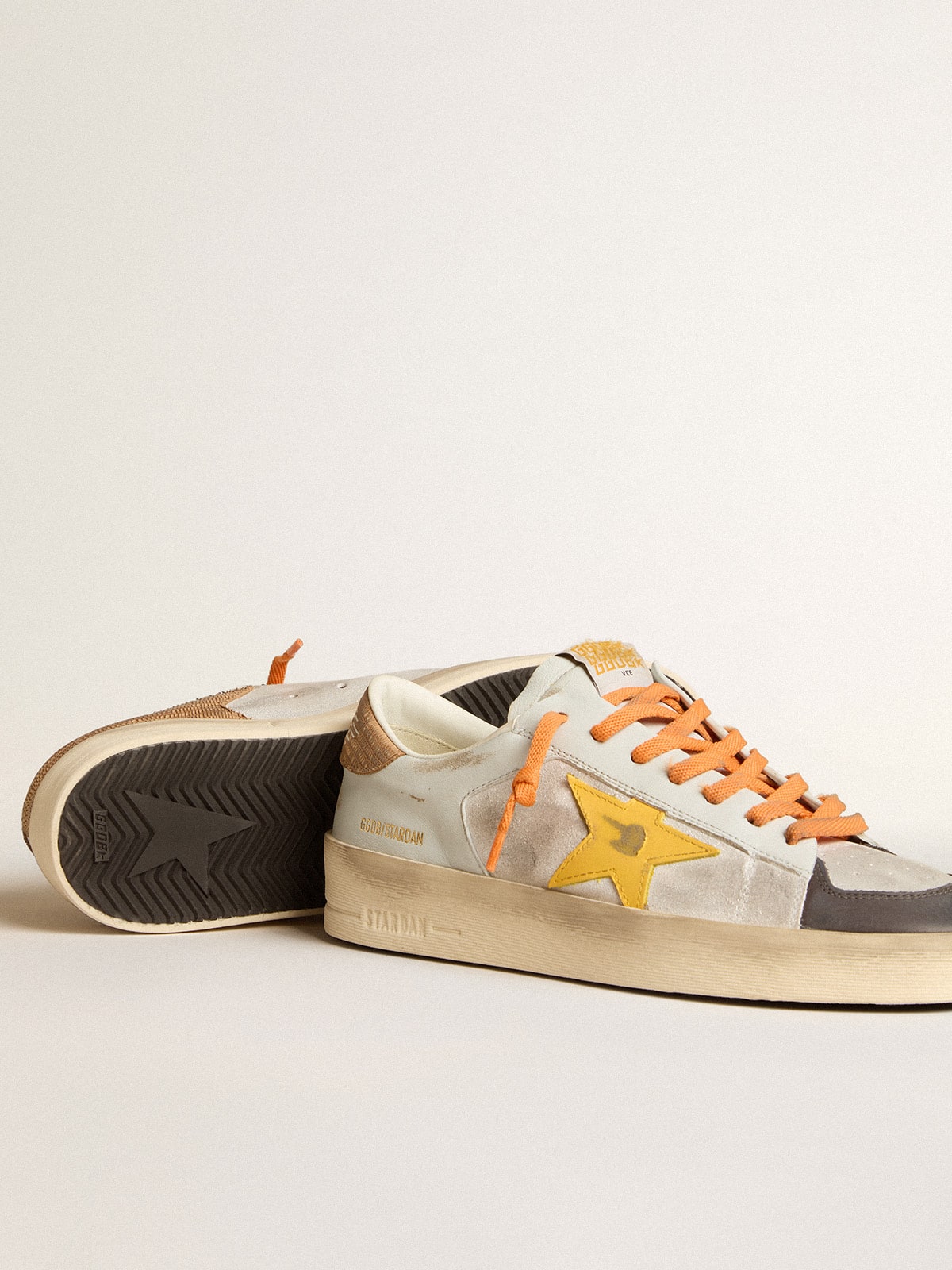 Men's white Stardan with ocher leather star and nubuck inserts| Golden Goose