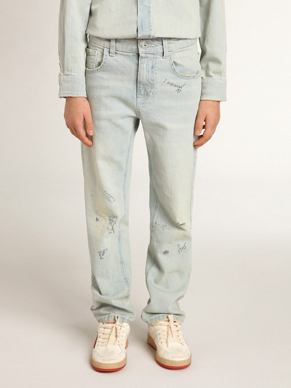 Boys' bleached jeans with distressed treatment| Golden Goose