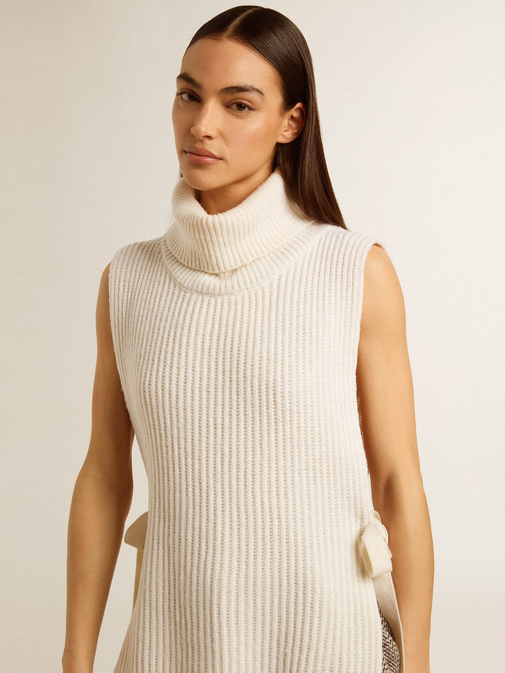 Unisex white high-neck sleeveless sweater in ribbed wool| Golden Goose