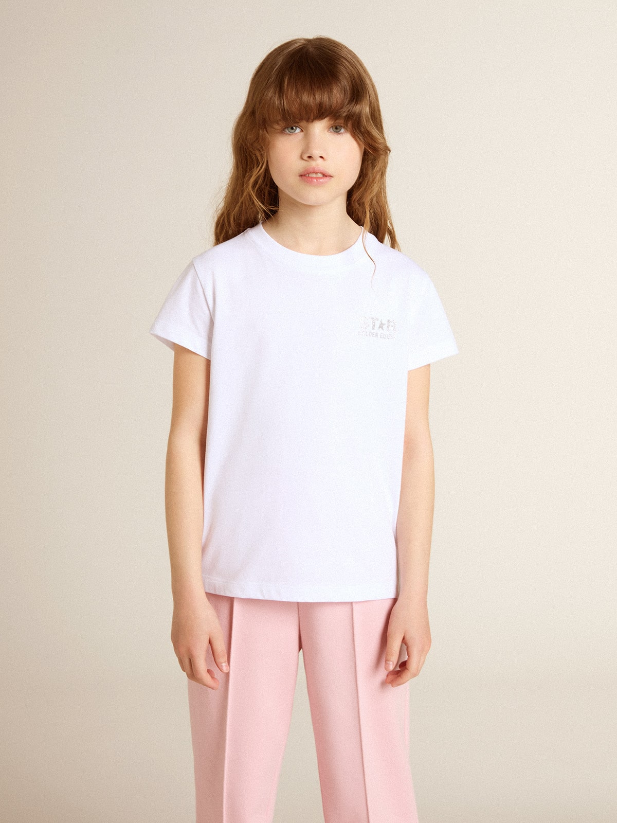 White and silver T-shirt with logo and maxi star in silver glitter| Golden Goose