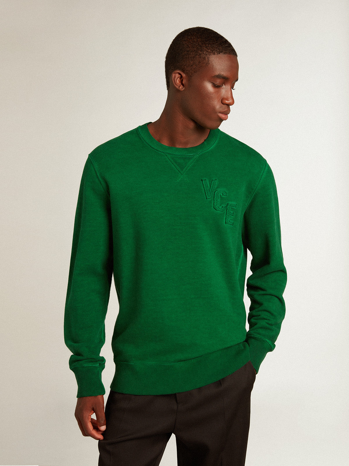 Round-neck sweatshirt in green cotton fleece| Golden Goose