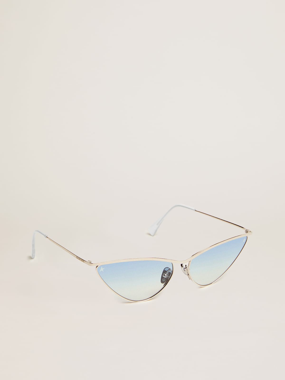 Sunglasses cat-eye style with silver frame and blue lenses| Golden Goose