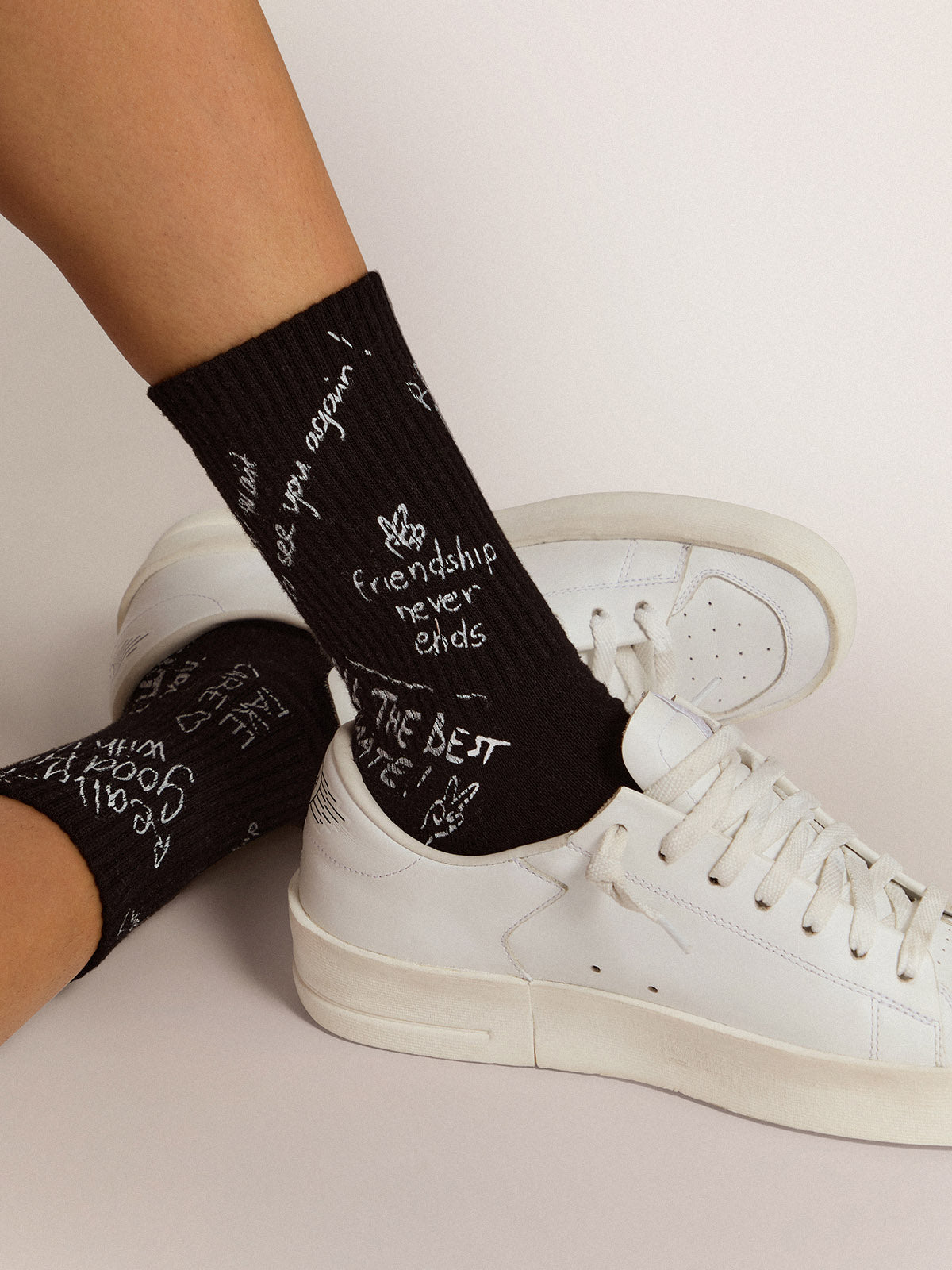 Black socks with white Golden Statement lettering| Golden Goose