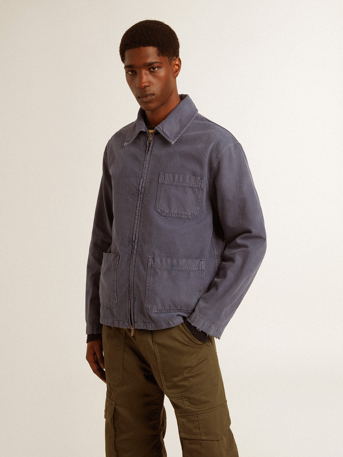 Men's blue jacket in denim cotton with distressed treatment| Golden Goose