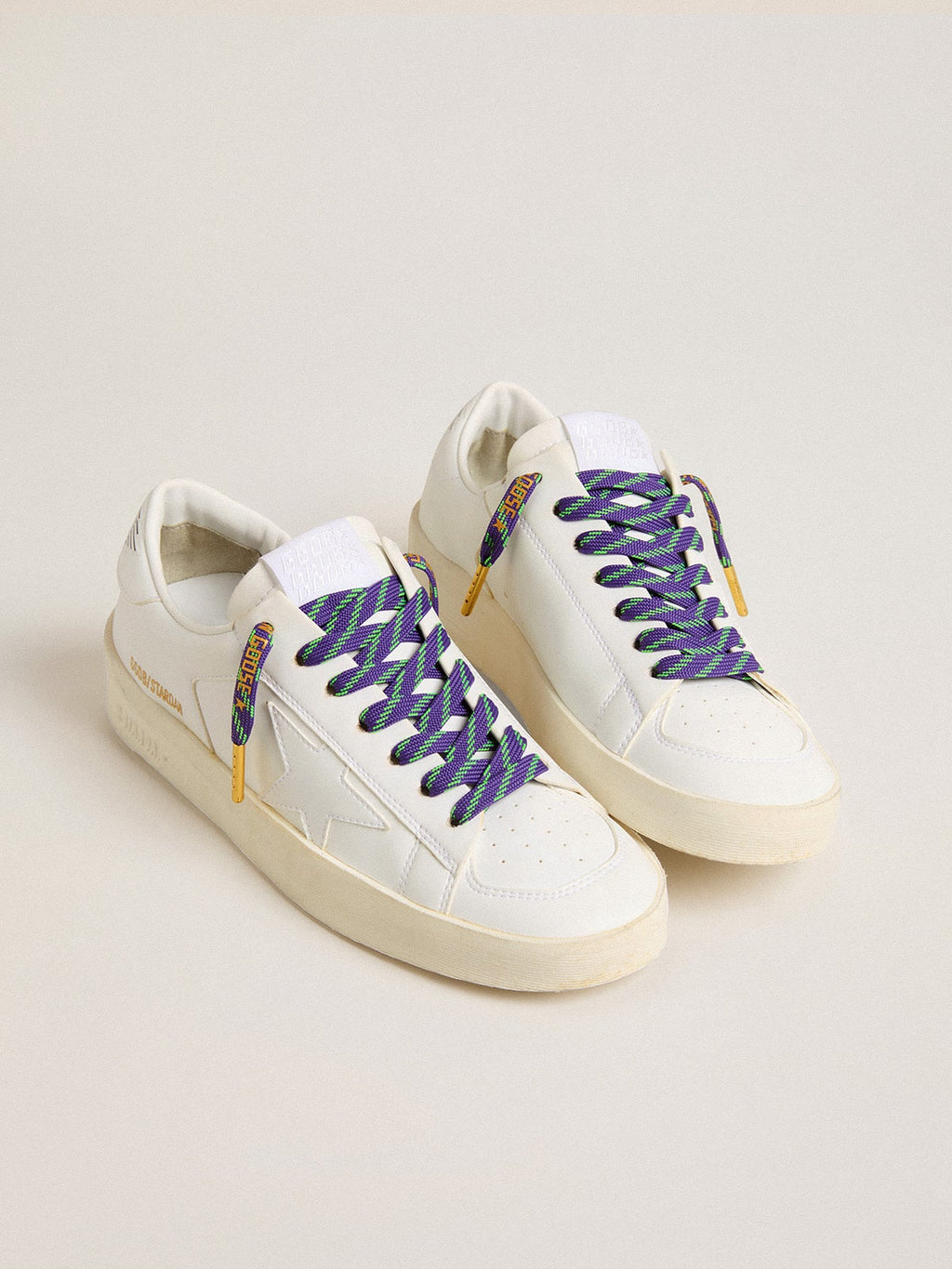 Neon green and purple cotton laces with contrast gold lettering| Golden Goose