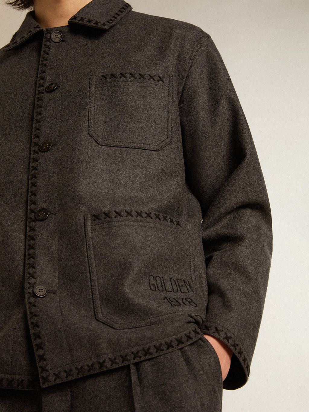 Gray melange woolen jacket with button fastening| Golden Goose