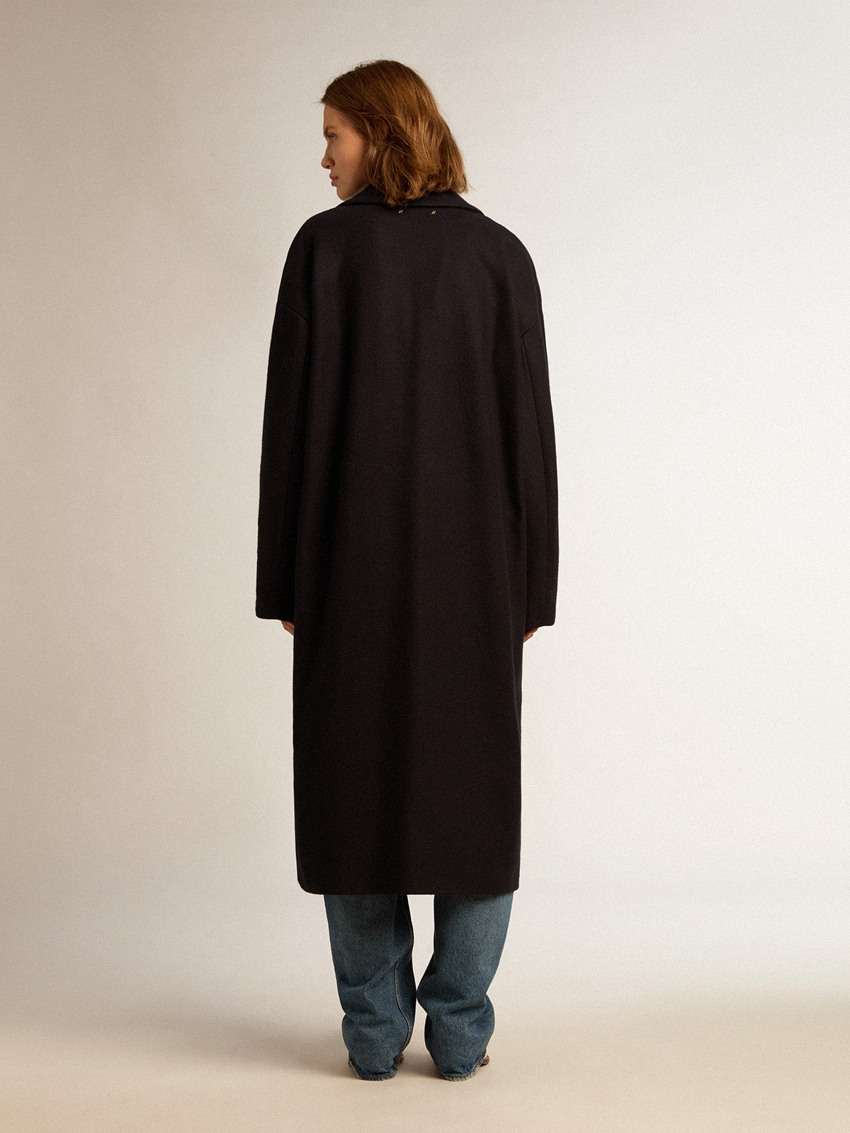 Women's single-breasted cocoon coat in dark blue wool with gold button| Golden Goose
