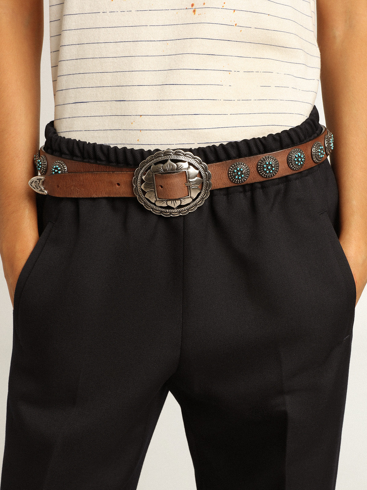 Women's belt in dark brown leather with silver studs| Golden Goose