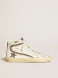 Men's Slide LAB in white leather with star and flash in brown suede| Golden Goose