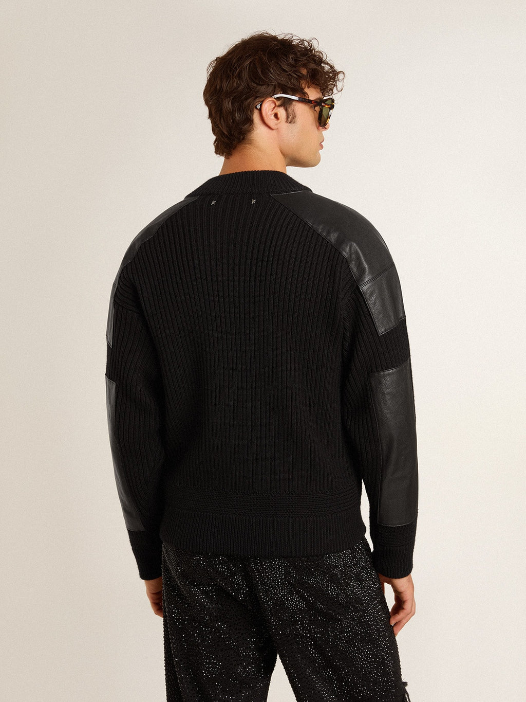 Men's black merino wool jacket with leather patches| Golden Goose