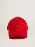 Red cotton baseball cap with tone-on-tone star-shaped patch on the front| Golden Goose
