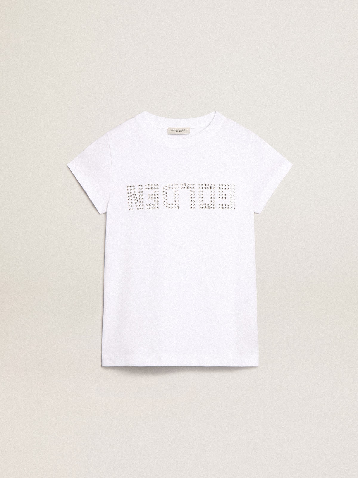 White T-shirt with central Golden lettering in crystals| Golden Goose