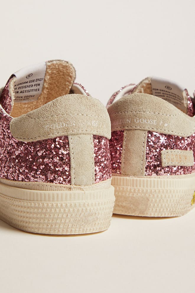 May sneakers in pink glitter with star and heel tab in ice-gray suede| Golden Goose