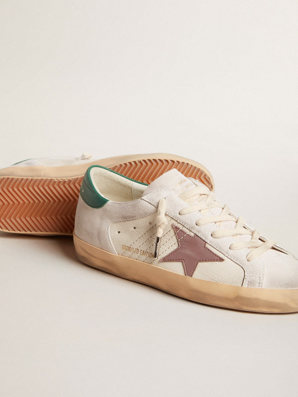 Super-Star LTD in suede with pink leather star and green heel tab| Golden Goose