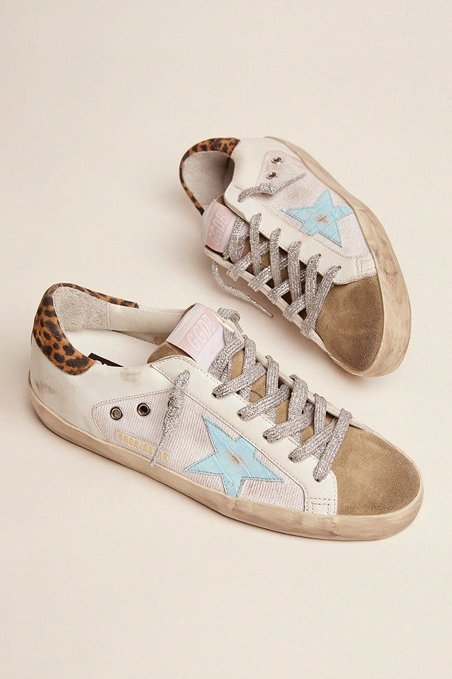Super-Star in canvas and leather with light blue star and leopard heel tab| Golden Goose