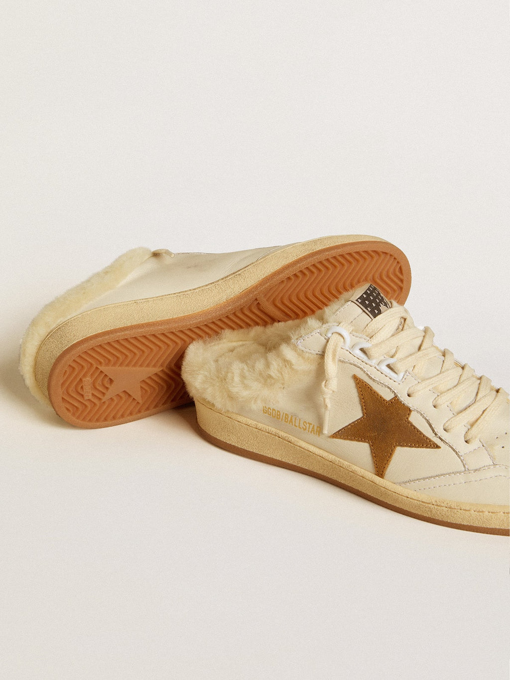 Ball Star Sabots in leather with suede star and beige shearling lining| Golden Goose