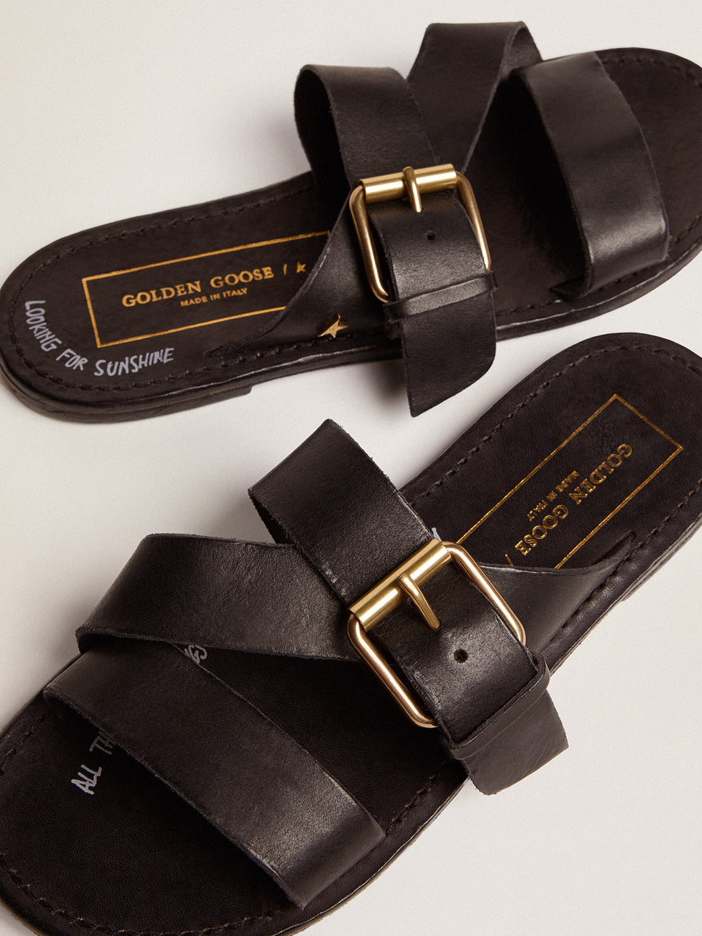 Black leather flat sandals with buckle Margaret| Golden Goose