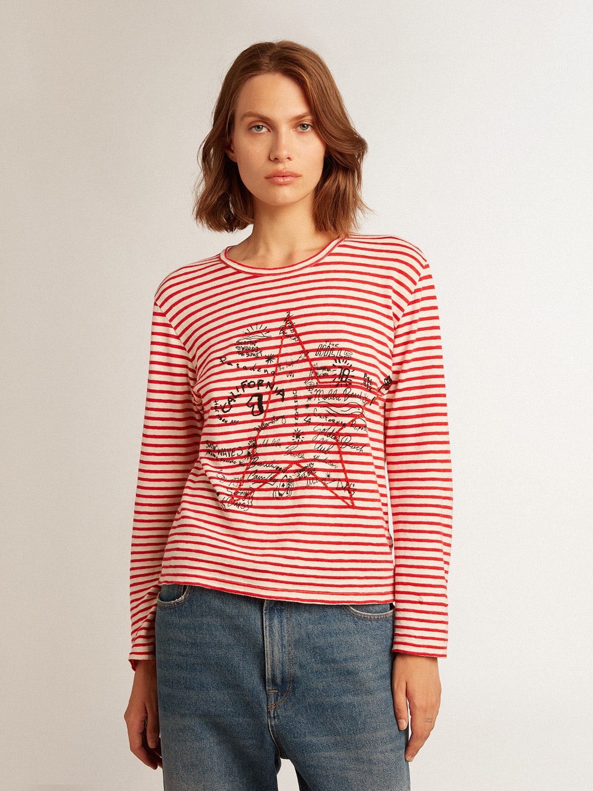 Women's T-shirt with white and red stripes and embroidery on the front| Golden Goose