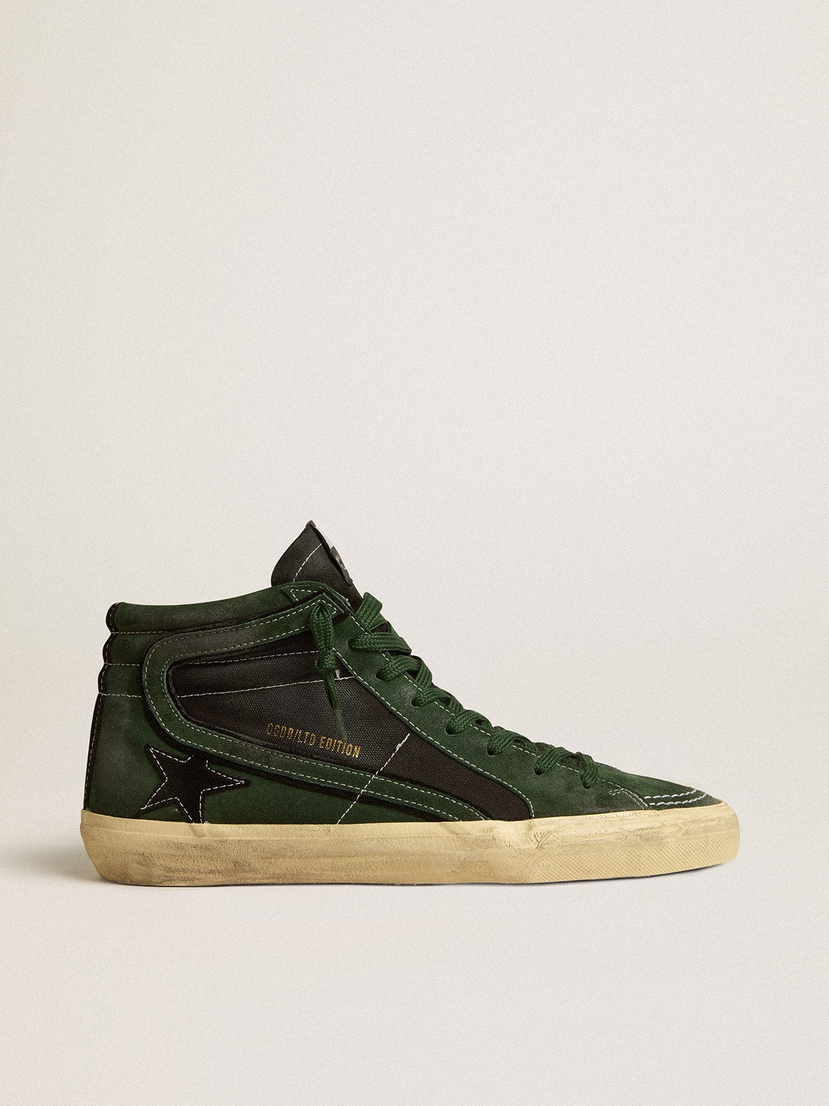 Slide LTD in green suede and black canvas with suede star and flash| Golden Goose