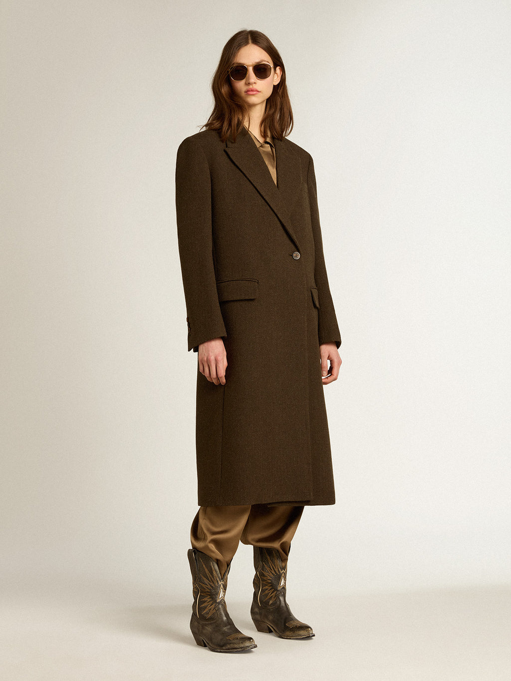 Women's one-and-a-half-breasted coat in bark-colored wool| Golden Goose