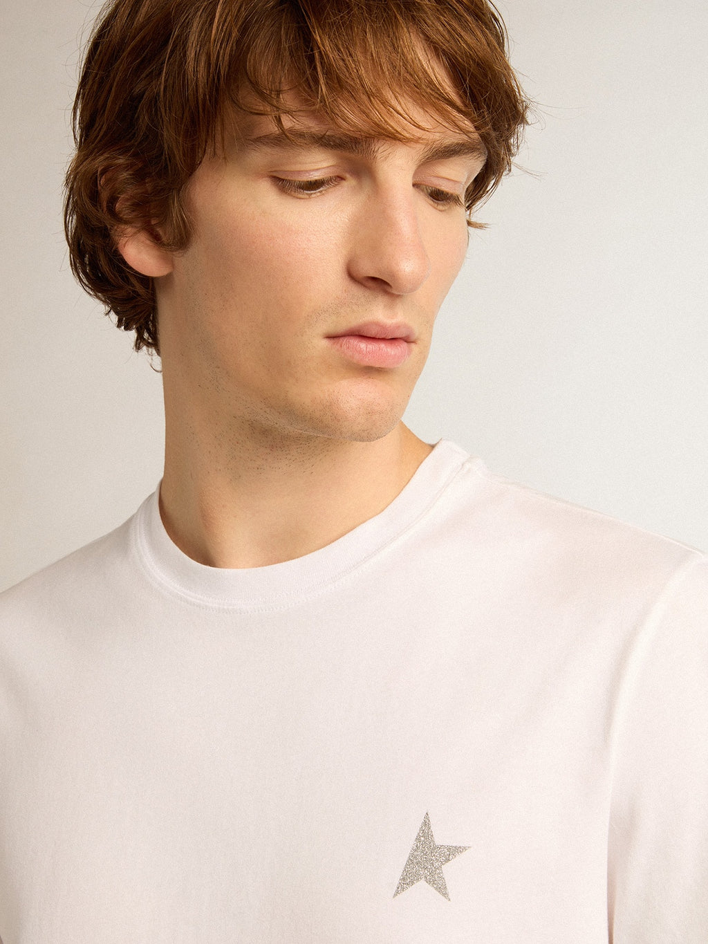 Men's white T-shirt with silver glitter star on the front| Golden Goose