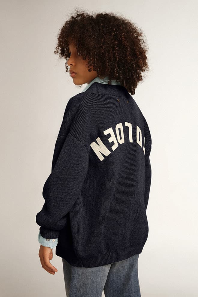 Dark blue cotton cardigan with logo on the back| Golden Goose