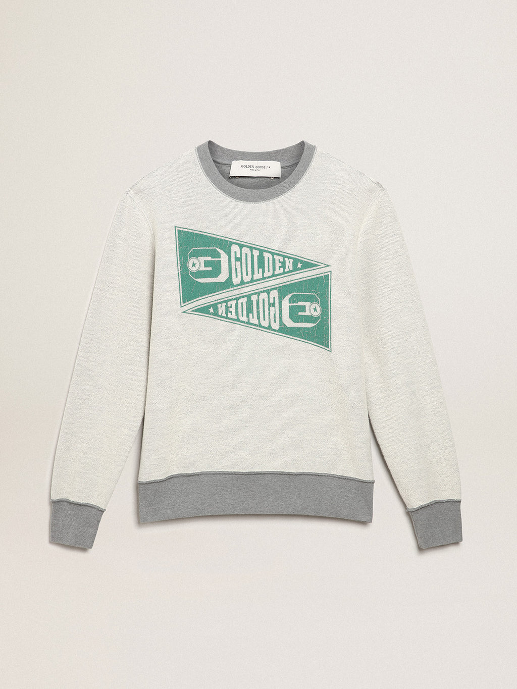 Men's mélange gray sweatshirt with green print| Golden Goose