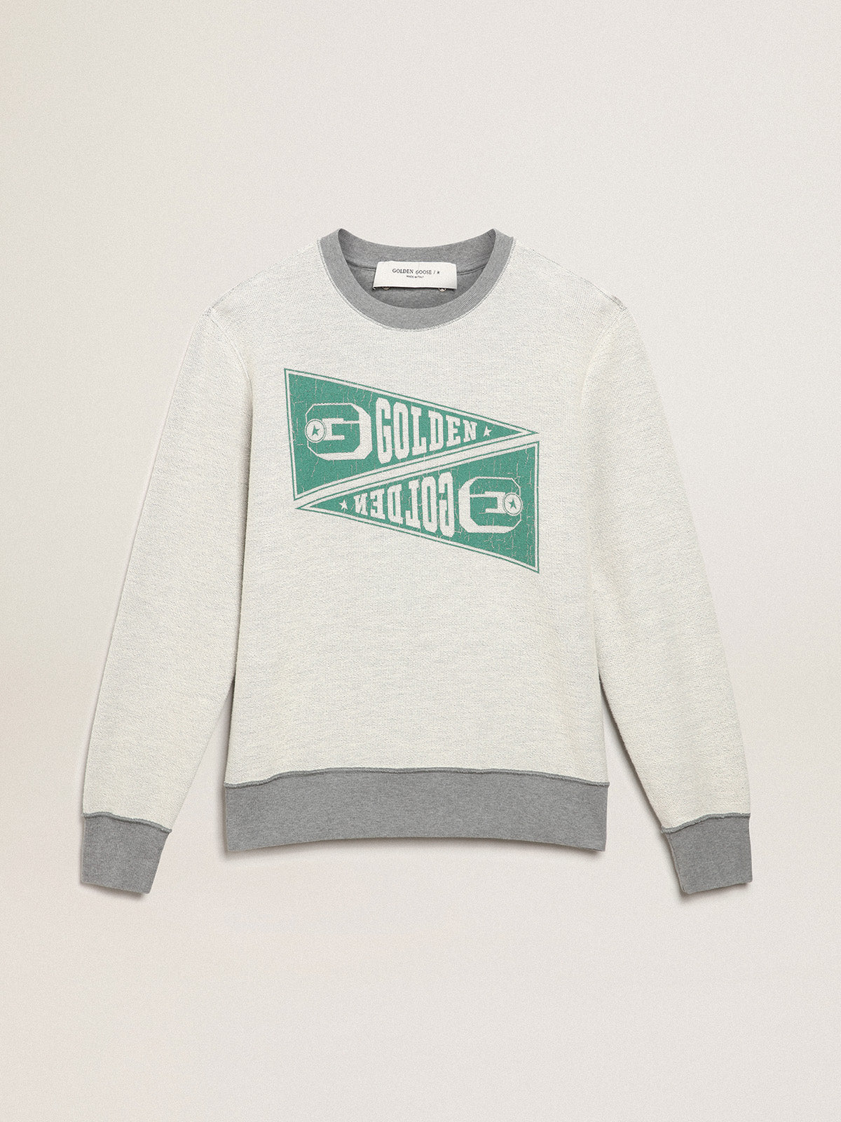 Men's mélange gray sweatshirt with green print| Golden Goose