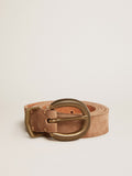 Ash-colored nubuck leather belt with gold buckle| Golden Goose