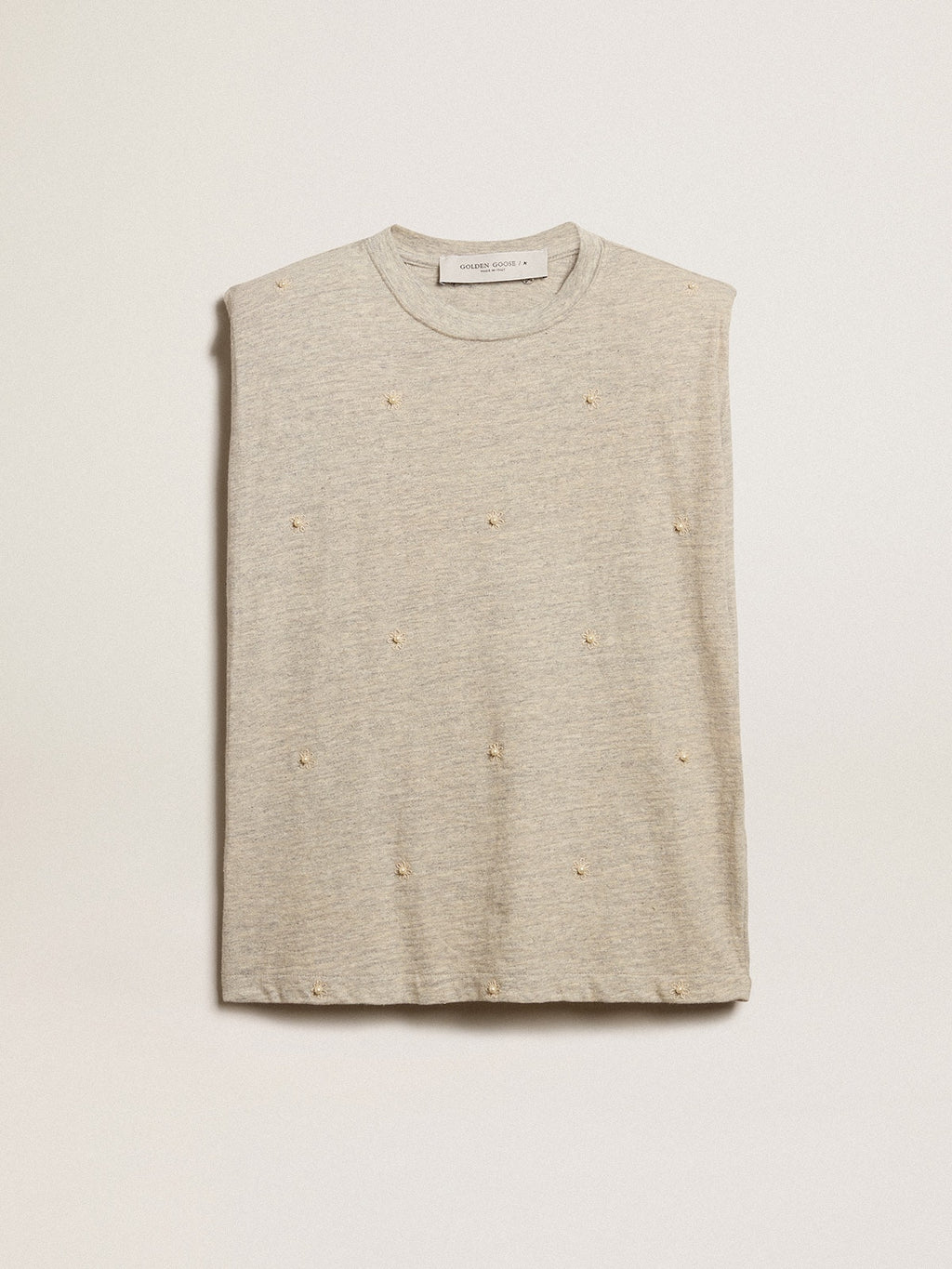 Aged white sleeveless T-shirt with padded shoulder and pearls| Golden Goose
