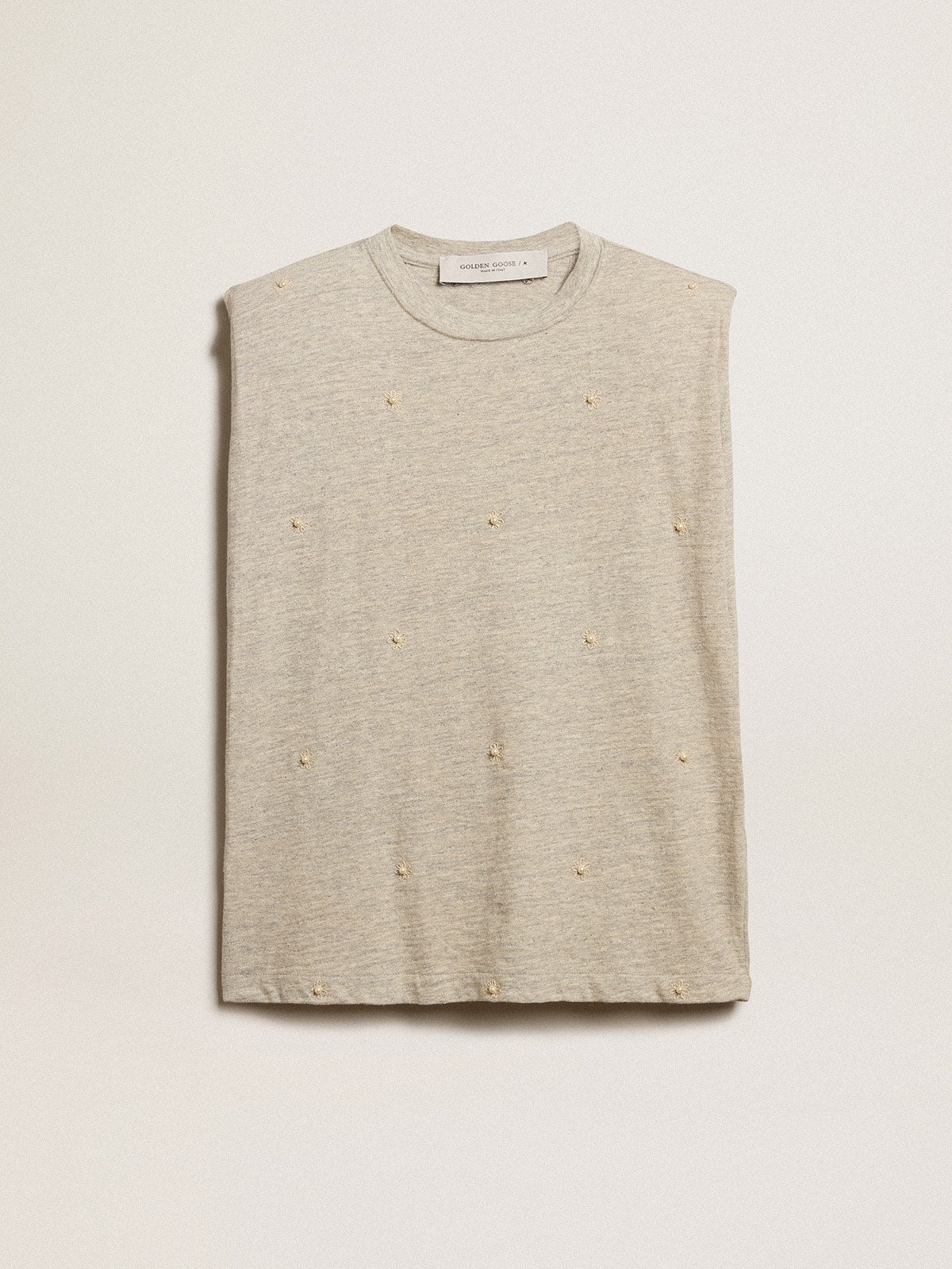 Aged white sleeveless T-shirt with padded shoulder and pearls| Golden Goose