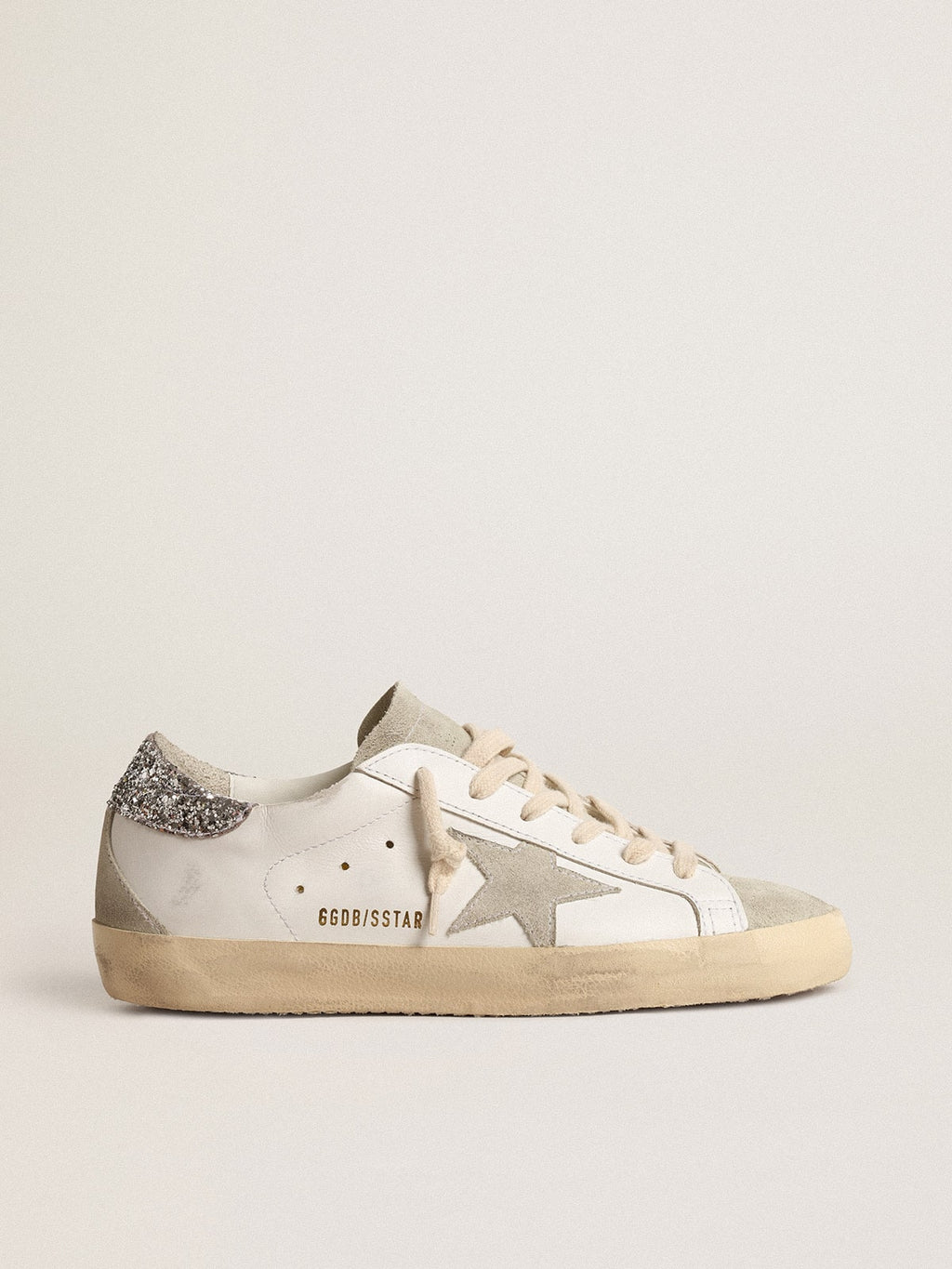 Women's Super-Star with gray star and silver glitter heel tab| Golden Goose