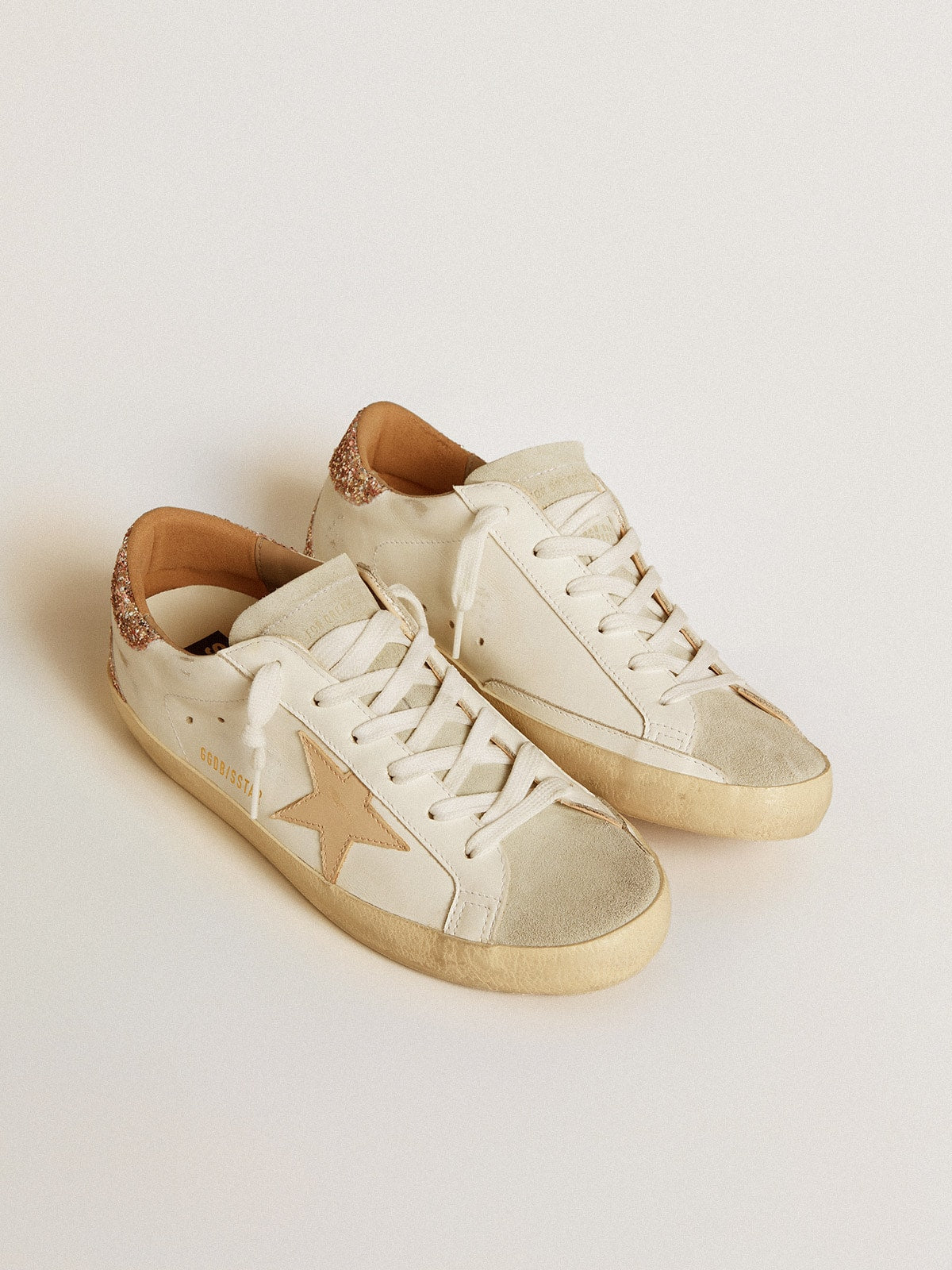 Super-Star with nude leather star and gold glitter heel tab| Golden Goose