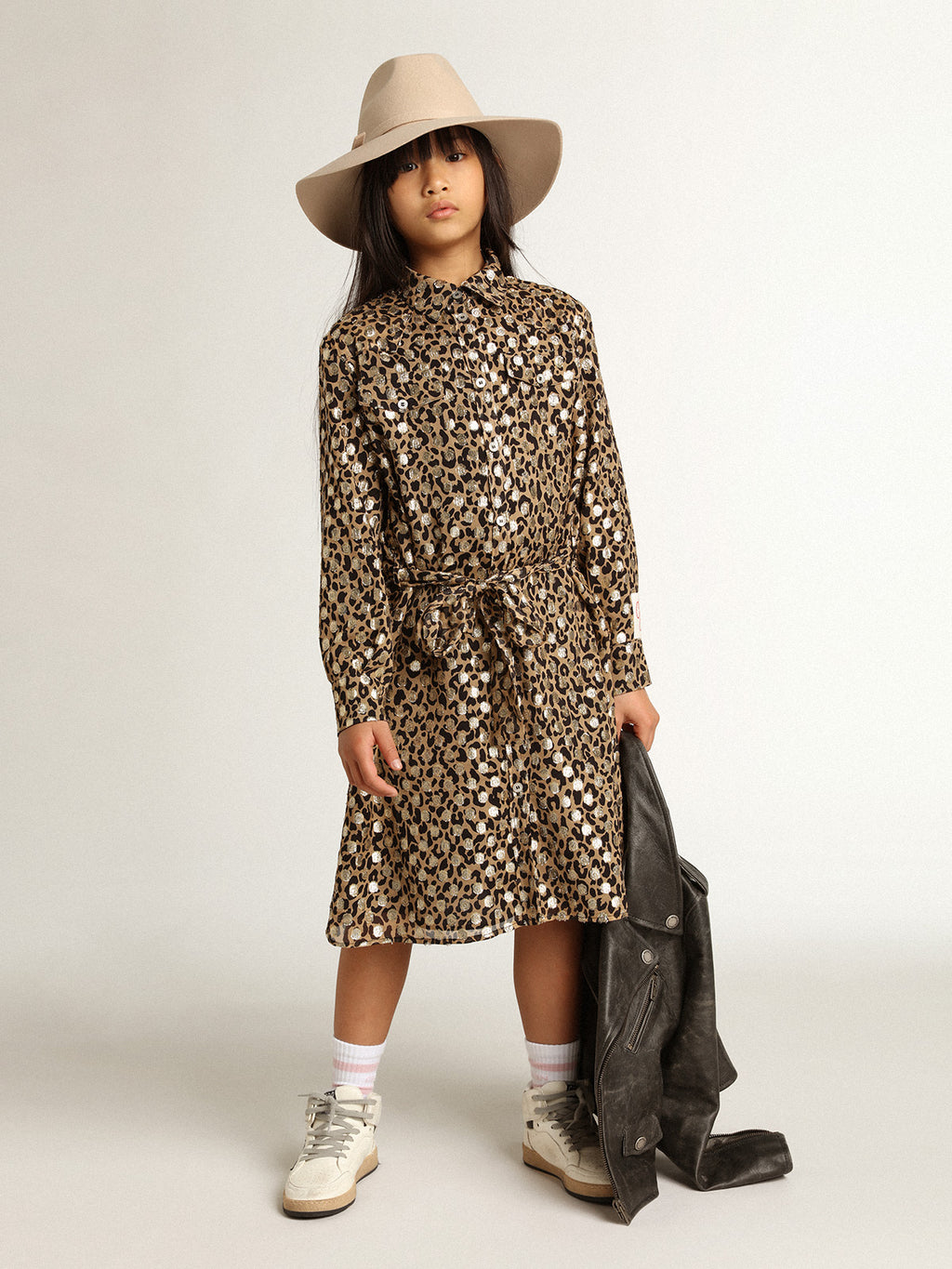 Girls' shirt dress with animal print and gold plumetis| Golden Goose