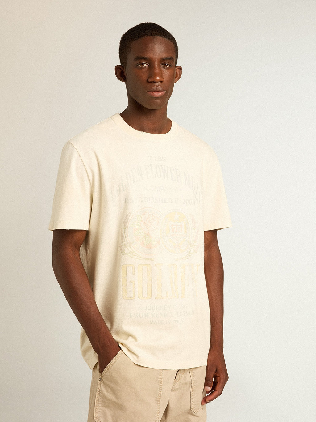 Men's aged white cotton T-shirt with print on the front| Golden Goose