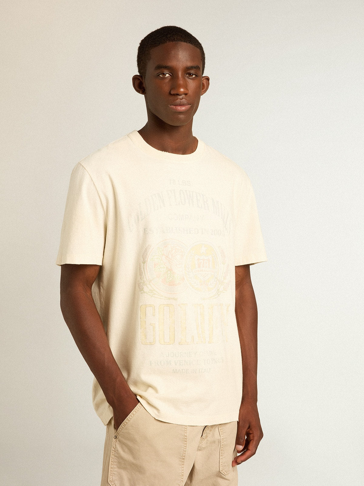 Men's aged white cotton T-shirt with print on the front| Golden Goose