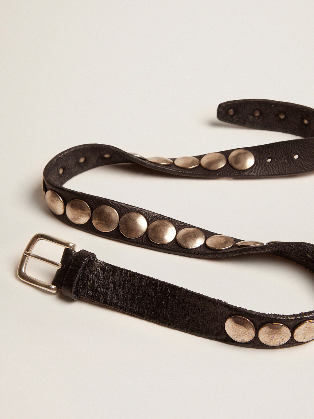 Women's black Trinidad belt in washed leather with silver studs| Golden Goose