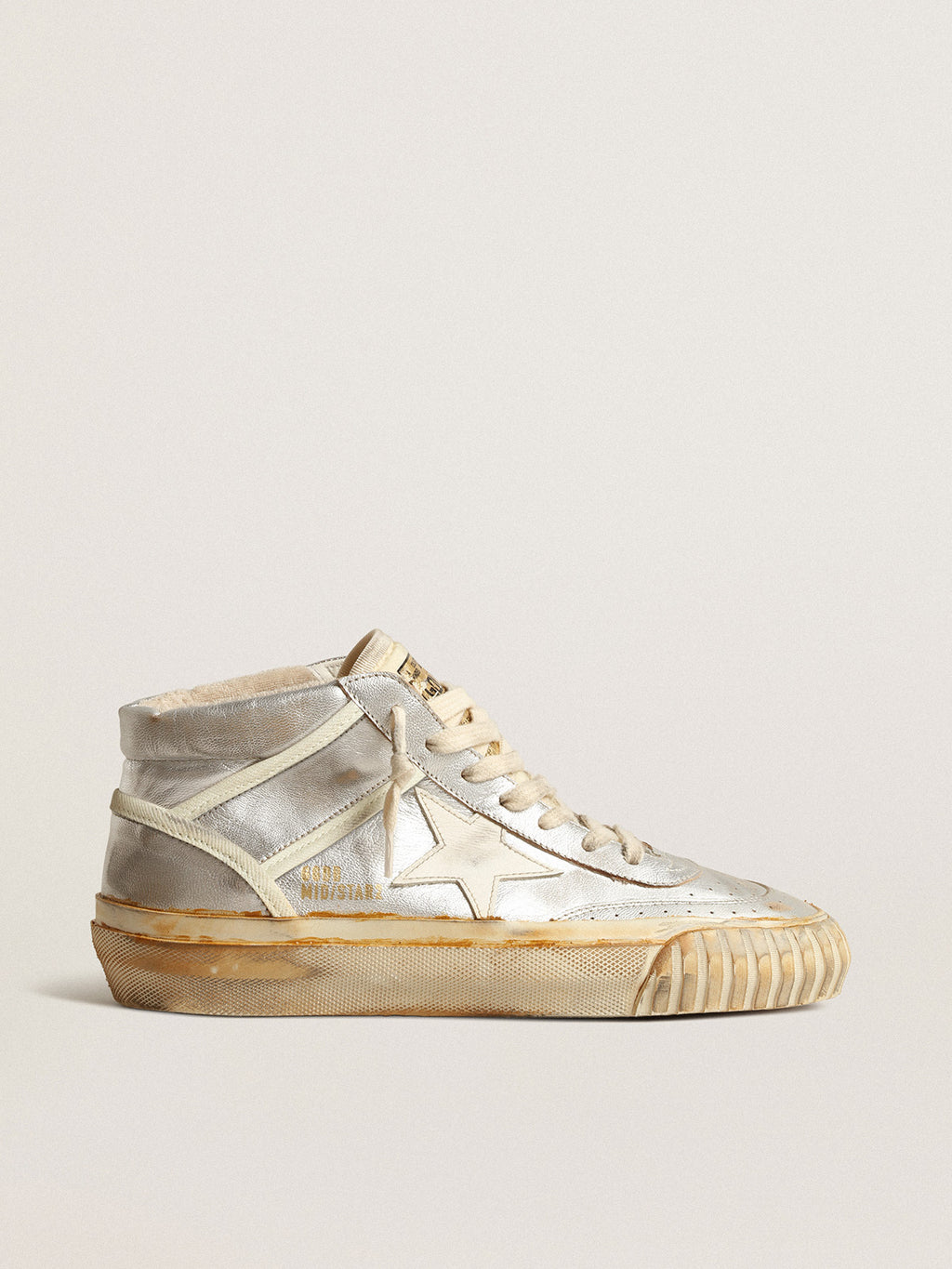 Men's Mid Star in silver metallic leather with ivory star| Golden Goose
