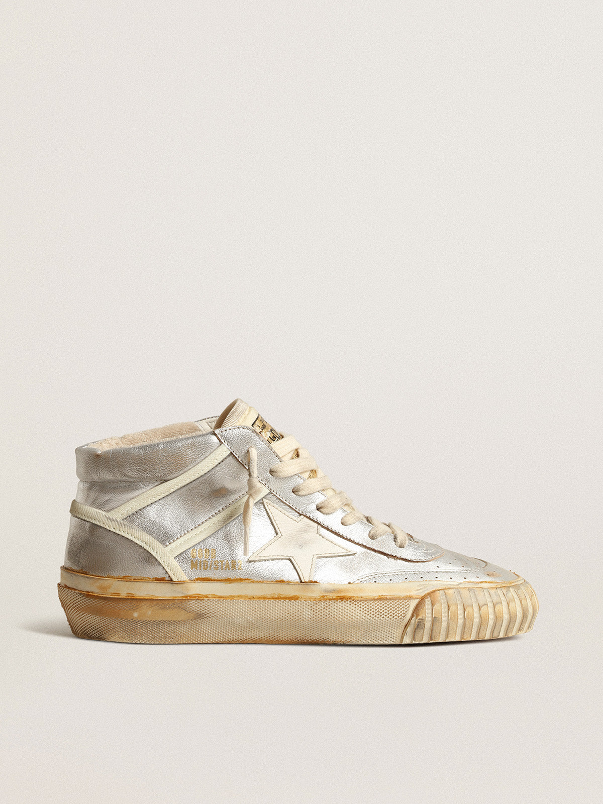 Men's Mid Star in silver metallic leather with ivory star| Golden Goose