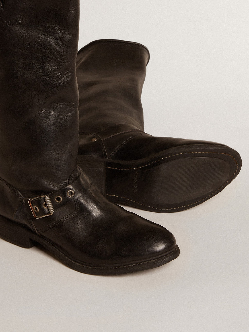 High Biker boots in black leather with silver studs and buckles| Golden Goose