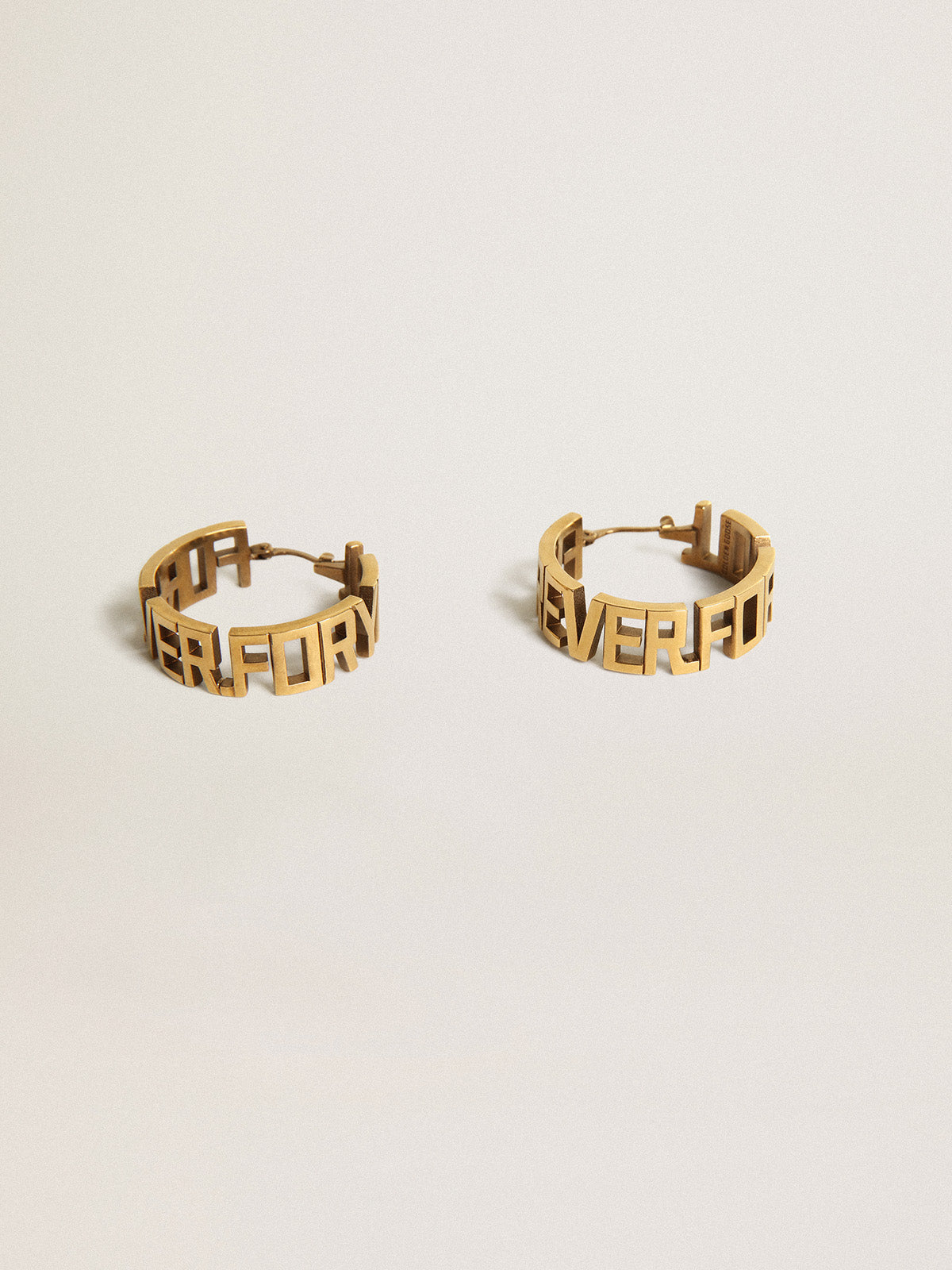 Hoop earrings in antique gold color with Forever For You lettering| Golden Goose