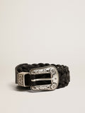 Belt in black braided leather with silver color buckle| Golden Goose
