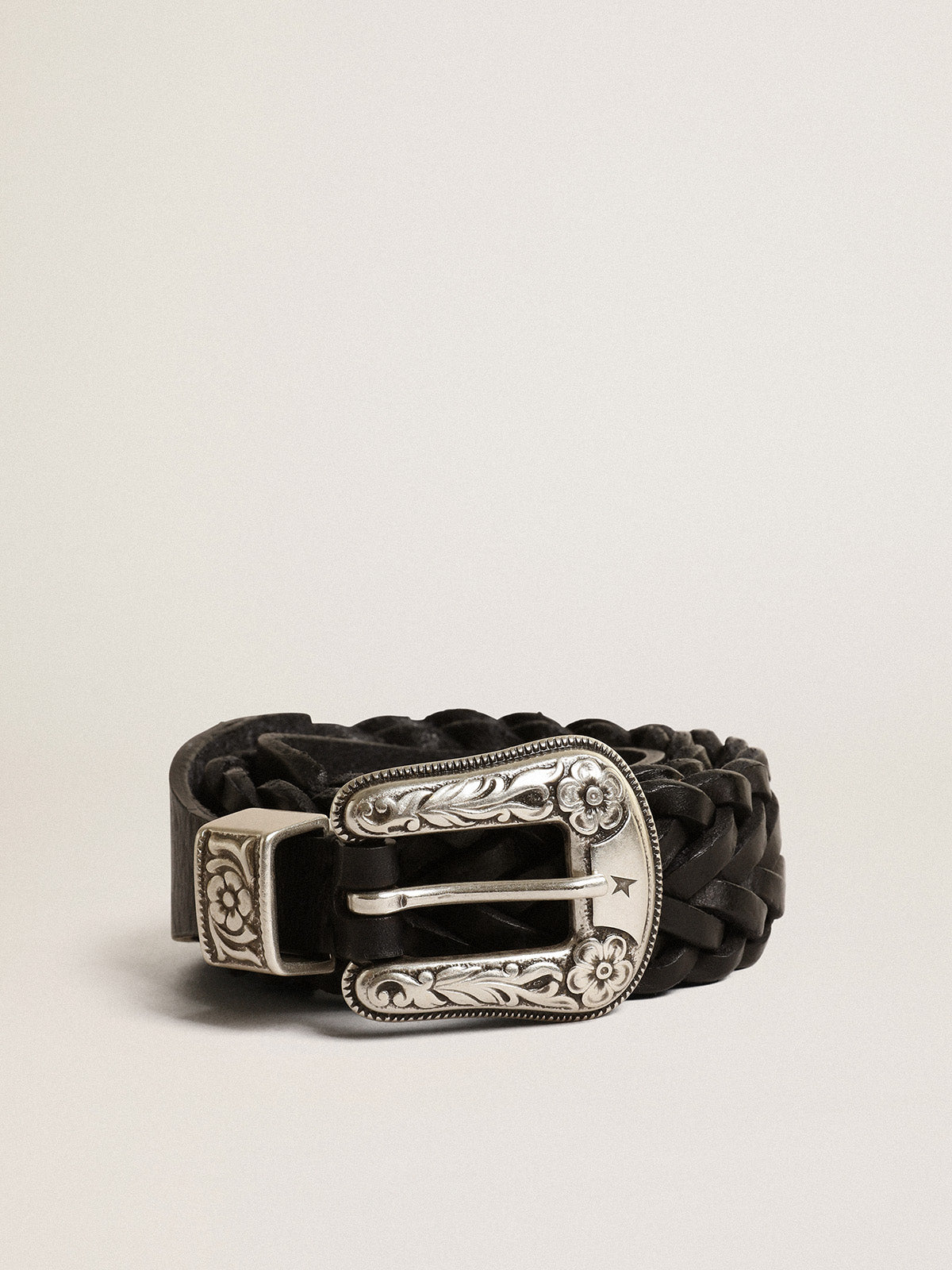 Belt in black braided leather with silver color buckle| Golden Goose
