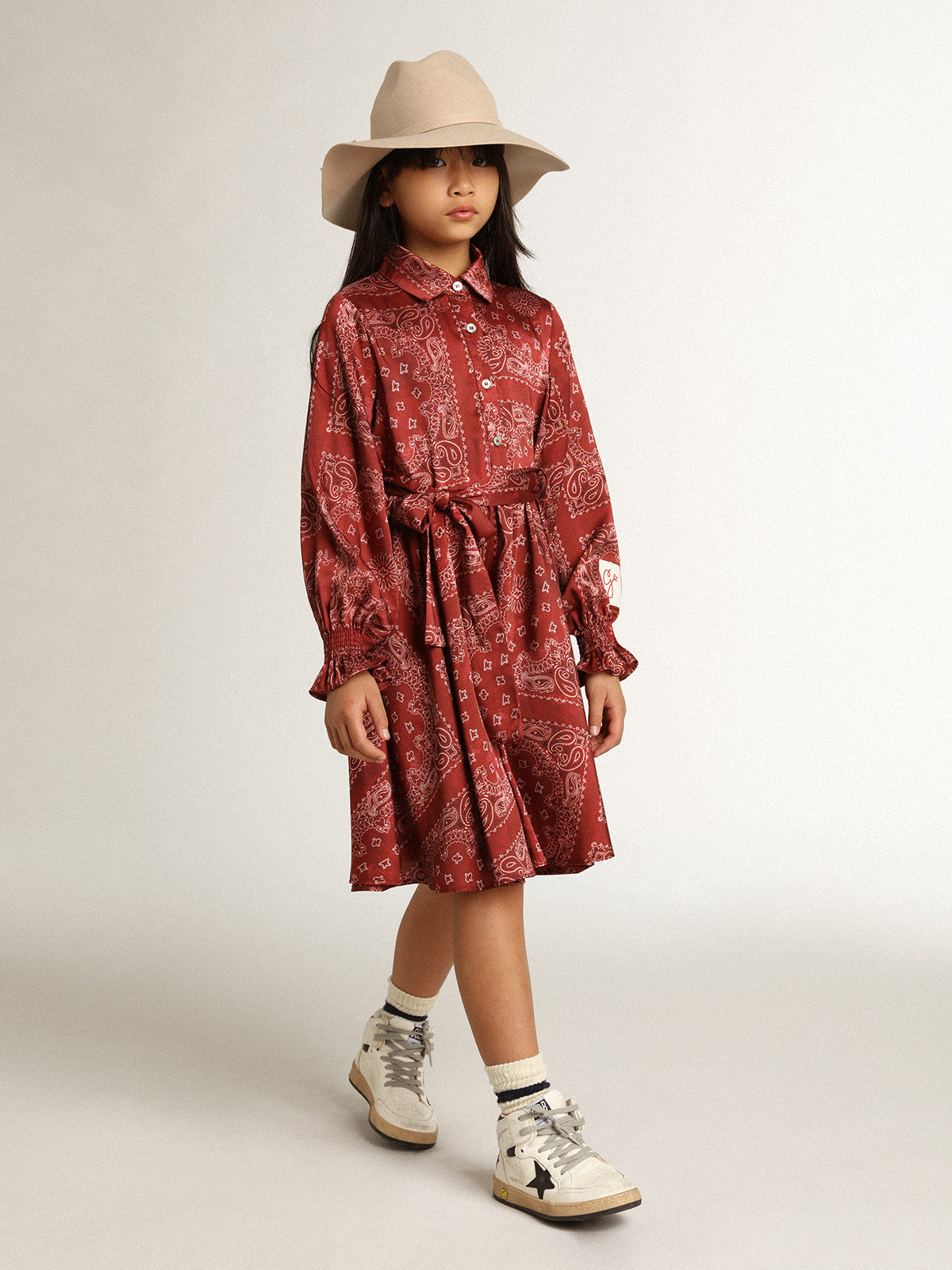 Girls' burgundy shirt dress with paisley print| Golden Goose