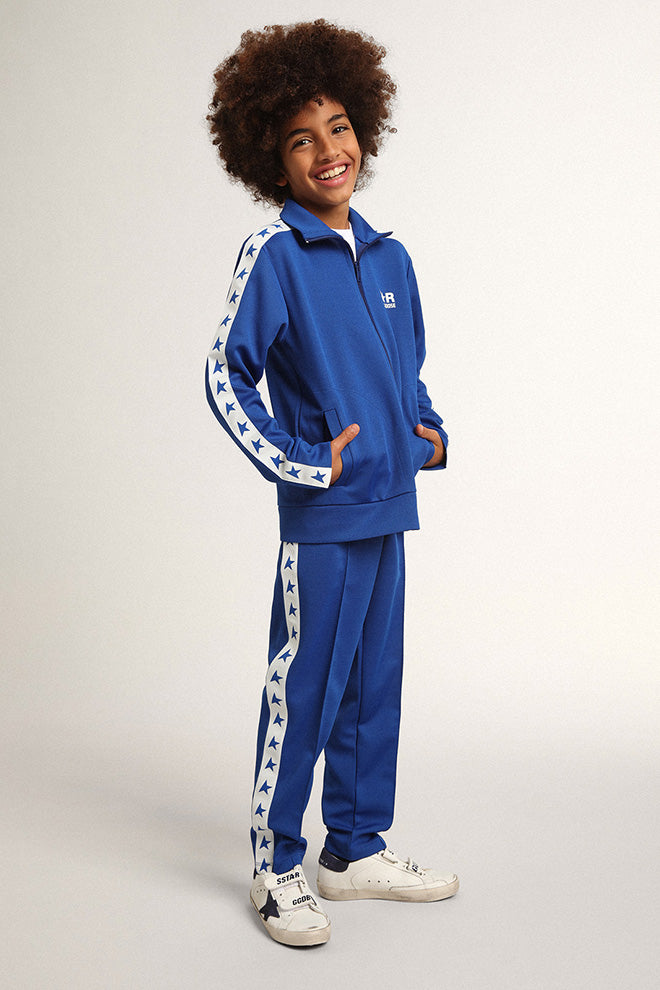 Bright blue zipped sweatshirt with white strip and bright blue stars| Golden Goose